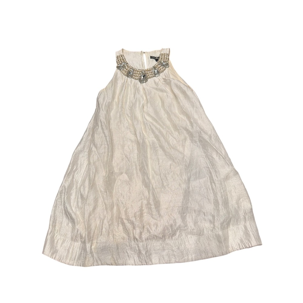 Alexia Admor Cream Champagne Pearl Jewel Neck Sleeveless Shift Dress S D568SS